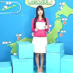 Pic of Cute Japanese weather girl showered in bukkake by three guys on Bukkake news show.