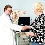 Pic of Filthy doctor inspecting older Bozena hairy beaver with speculum