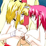 Pic of TITANIME.COM PRESENTS : Two hentai girls rubbing their big tits against a dick before threesome fucked 