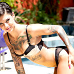 Pic of Big titted tattooed chick Bonnie Rotten manages suck and fuck both fat members
