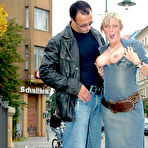 Pic of Euro blonde Angie in boots and dress gets her hairless pussy poked in public place