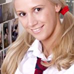 Pic of Lustful blonde schoolgirl Britany shows her cute booty in white panty and perky tits.