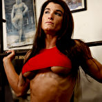Pic of Tight white shorts and tiny red top of bodybuilder Brook reveal her bodyx and big breast.