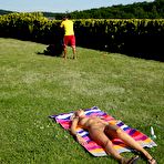 Pic of Sexy blonde Jessie Jazz tanning on the lawn is lucky to have sex with a gardener