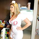 Pic of Curvy BBW nurse Sara Jay in white uniform and red lingerie strips naked and gets hardcored