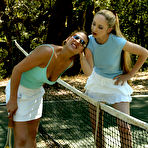 Pic of Brooke Bound gags on tennis ball and gets her pussy filled with tennis rocket by Chanta Rose