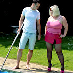 Pic of Fat Milf dressed like a tart drops to her knees and sucks the pool boy off & even lets him spread her legs and push his cock inside her cunt – Bare Milfs
