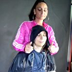 Pic of Shinynylonartsbound | Sexy Ajyana being tied, gagged, hooded and dominated by Stella wearing sexy shiny nylon rainwear on a hairdresserÂ´s chair Part 1 of 2 (Video)